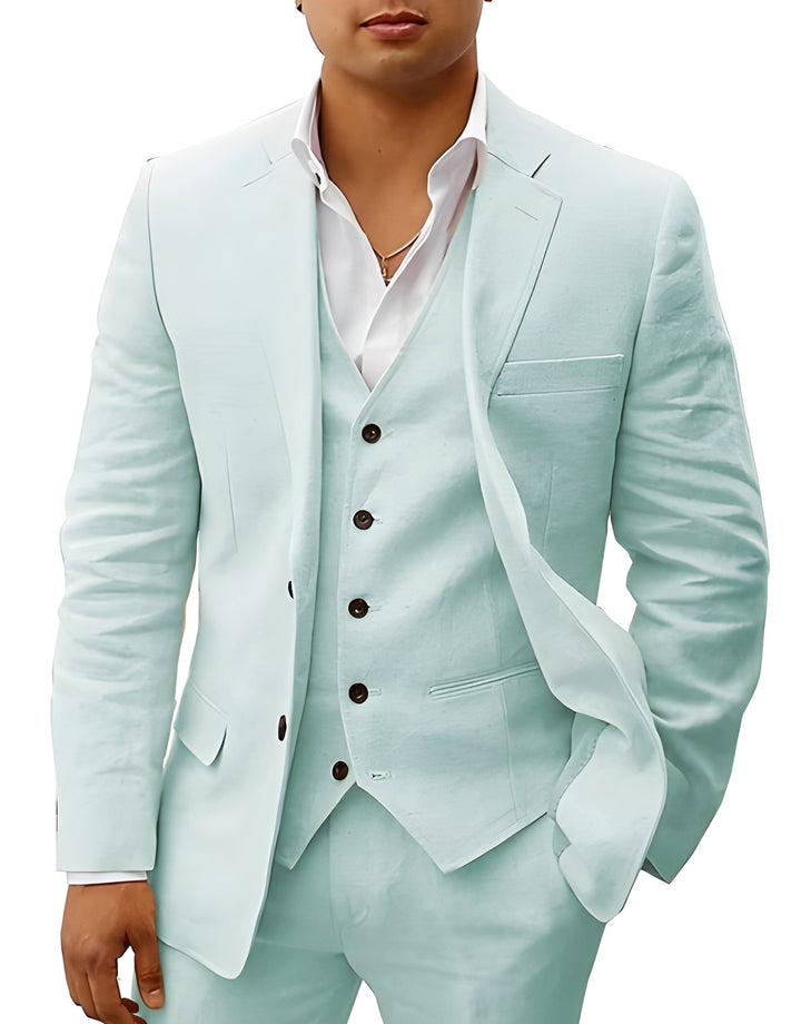 Business attire men's suit: classic three-piece design with matching vest for professional style.