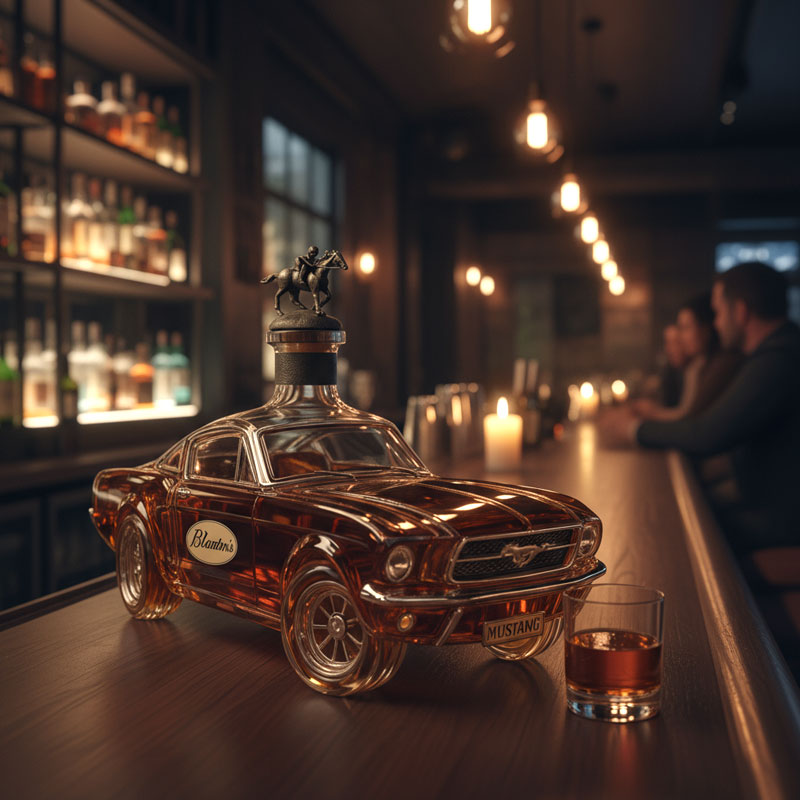 Detailed classic sports car glass decanter for whiskey and bourbon. Stylish barware & unique gift for automotive enthusiasts.