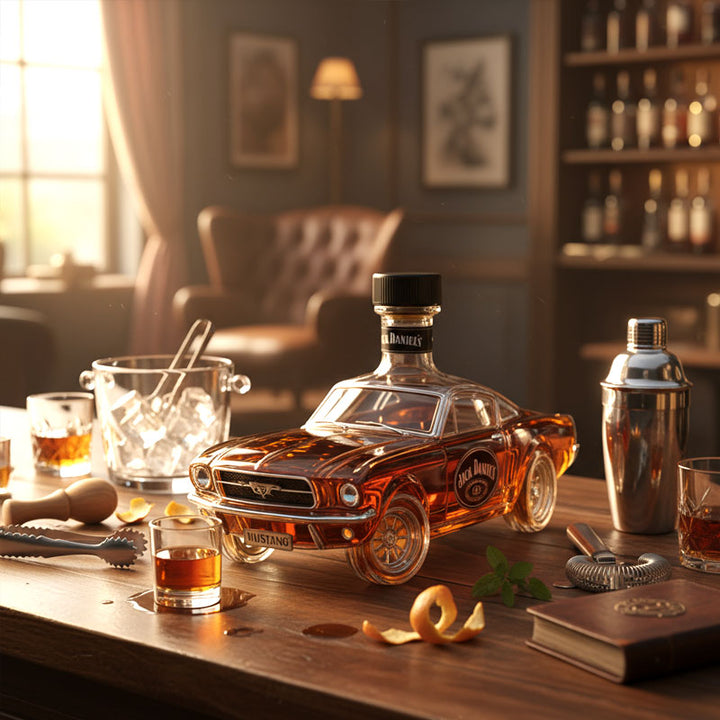 Unique classic car whiskey decanter, perfect barware gift for spirits lovers & home bar decor. Automotive glassware.
