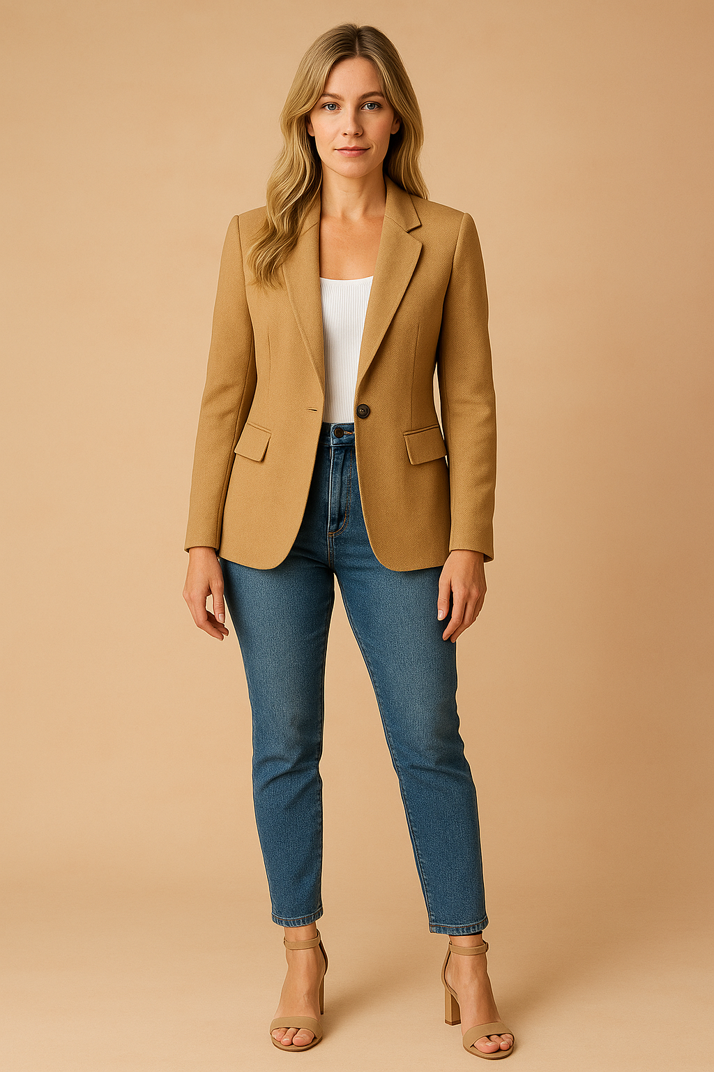 Stylish women's fitted blazer, a classic tailored jacket for professional business fashion.