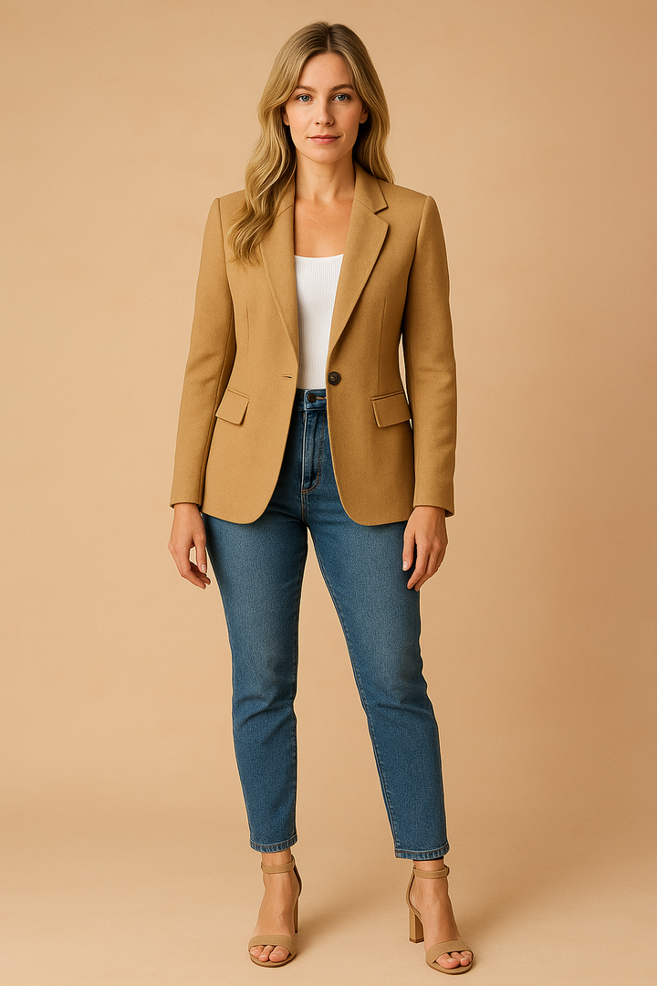 Stylish women's fitted blazer, a classic tailored jacket for professional business fashion.