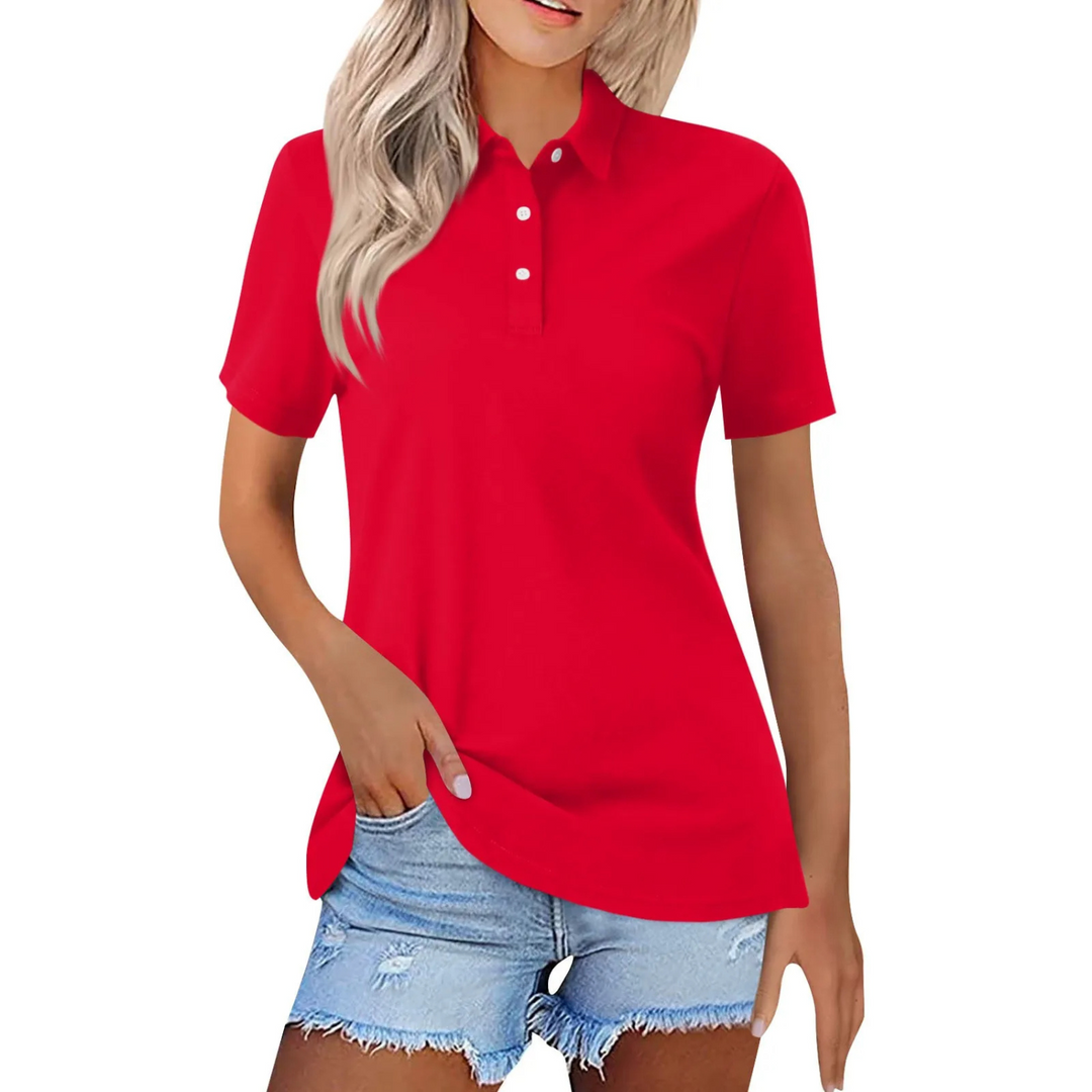 Women's classic short sleeve polo shirt, minimalist design for versatile everyday fashion.