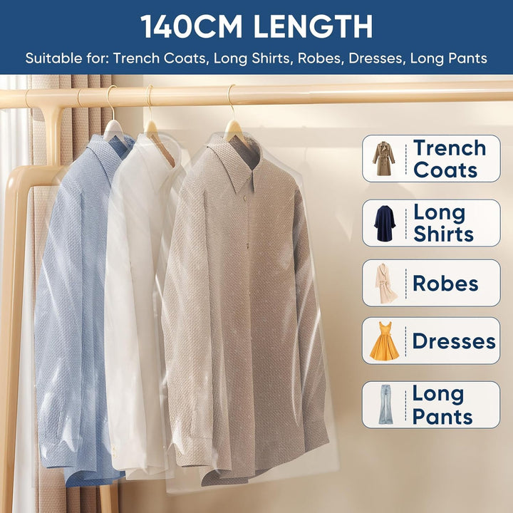 Durable clear garment bags, 50-pack, for storing seasonal clothing.