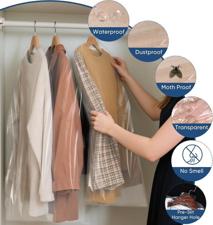 Value 50-pack clear PE plastic garment bags for ultimate clothes protection.