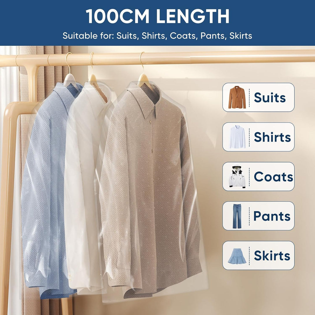 Heavy-duty clear garment bags, 50-count, for long-term apparel storage.
