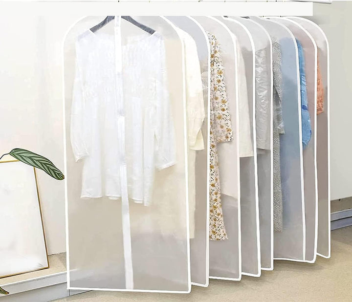 Durable clear clothing protection bags, 10-pack for dust-free storage & closet organization.