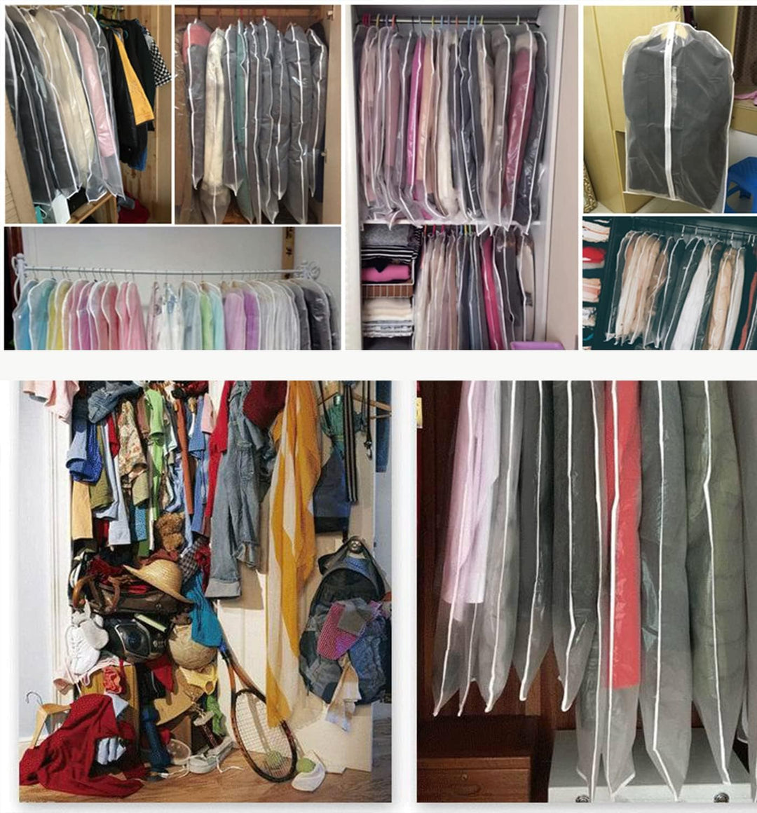 Multi-pack clear garment bags, perfect for protecting suits, dresses & seasonal clothes in closets.