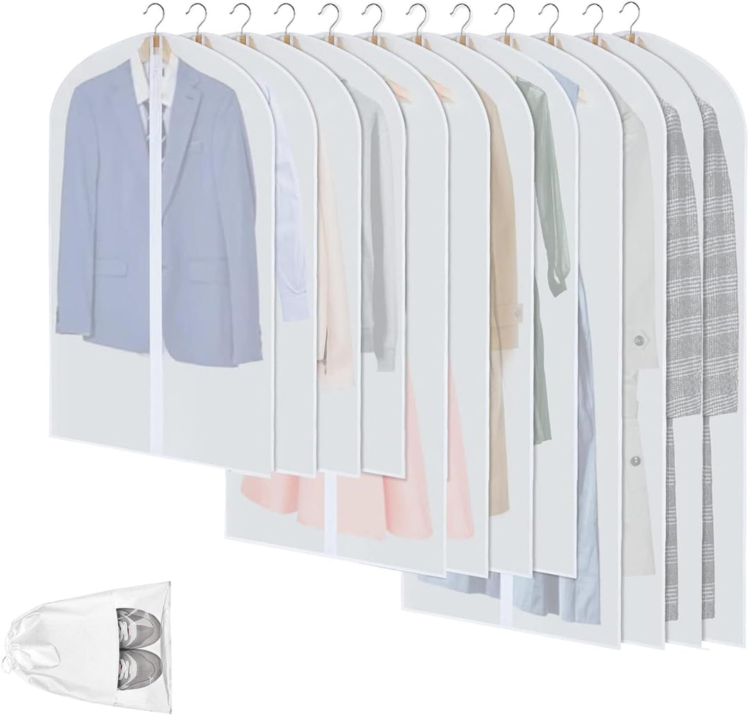 Clear PEVA garment bags, 12-pack. Dustproof clothing protectors for closet storage & wardrobe organization.
