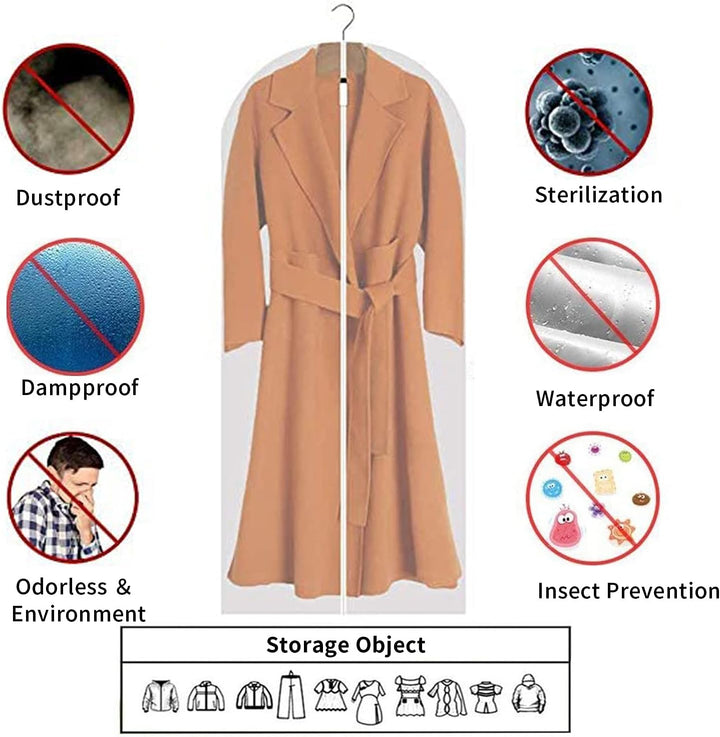 Bulk 12-pack clear PEVA garment bags. Durable & reusable clothes protectors for long-term storage.
