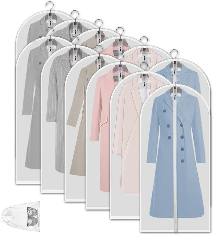 Clear PEVA garment bags, 12 count. Perfect for hanging clothes protection from dust, moths, and dirt.