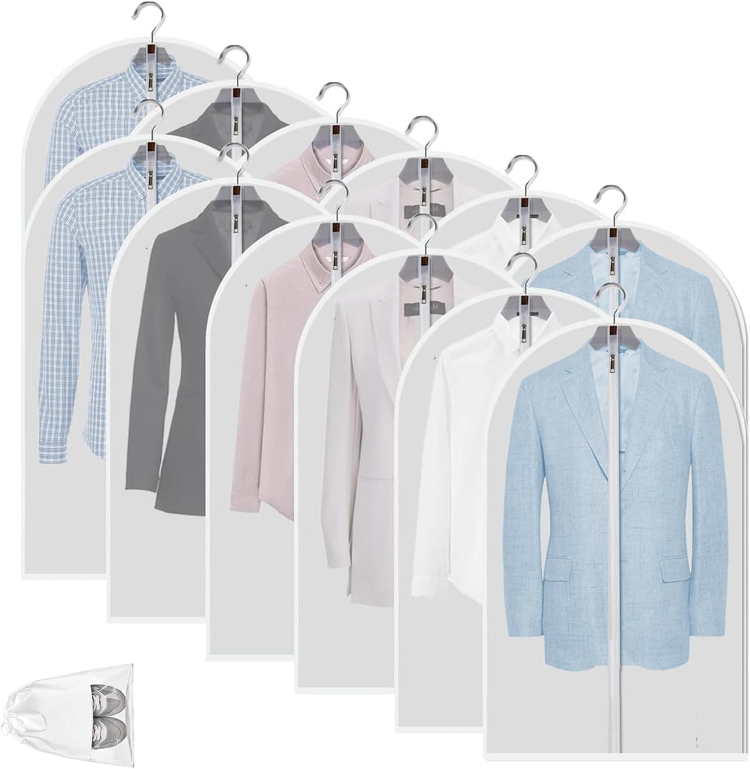 Unisex 12-pack clear PEVA garment bags. Durable & clear covers to keep clothes fresh and protected.