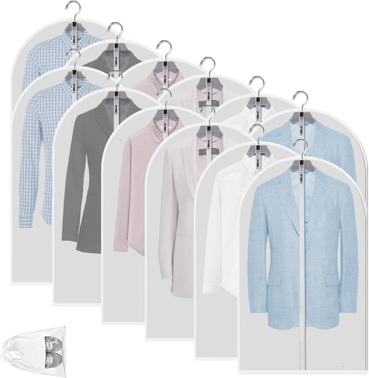 Unisex 12-pack clear PEVA garment bags. Durable & clear covers to keep clothes fresh and protected.