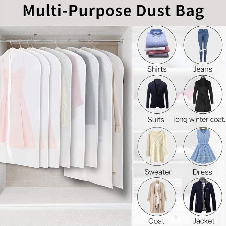 Clear PEVA dustproof clothing protectors, 12-pack. Ideal for suits, gowns, and everyday apparel.