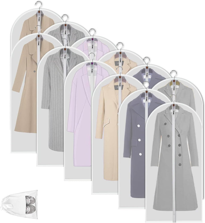 Durable 12-pack clear PEVA garment bags, perfect for dustproof clothes storage & wardrobe protection.