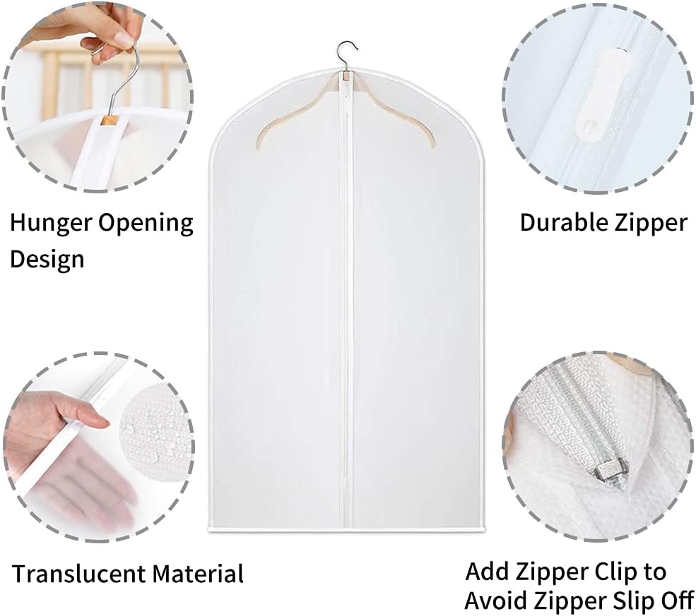 Reusable 12-pack clear PEVA garment bags. Protect formal wear & everyday clothes from dust & wrinkles.