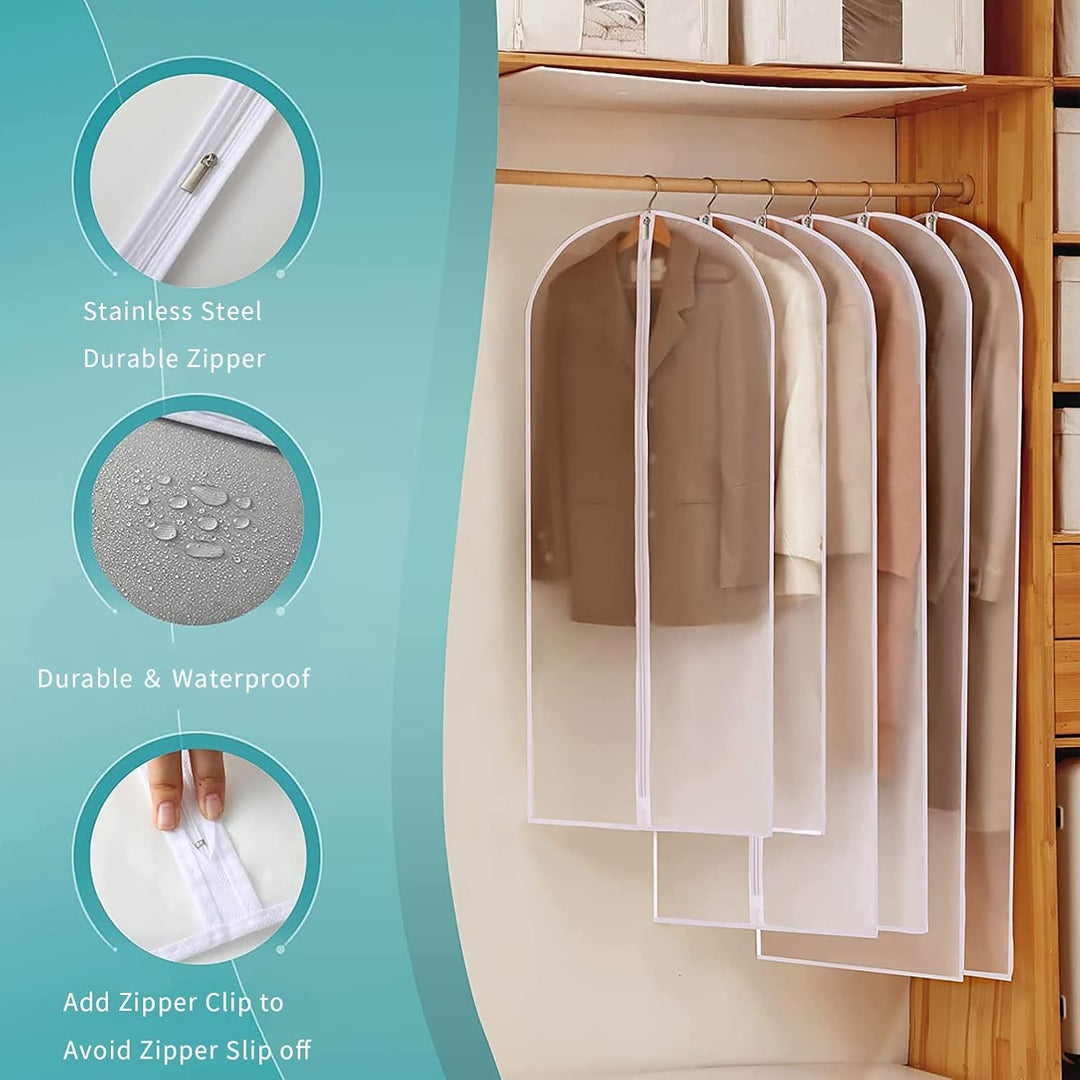 Travel-friendly 12-pack clear PEVA garment bags. Keep outfits wrinkle-free & clean on the go.