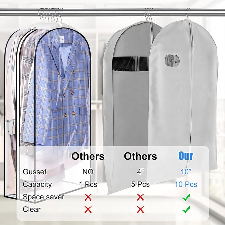 A single transparent PEVA garment cover hanging, protecting a black dress from dust.