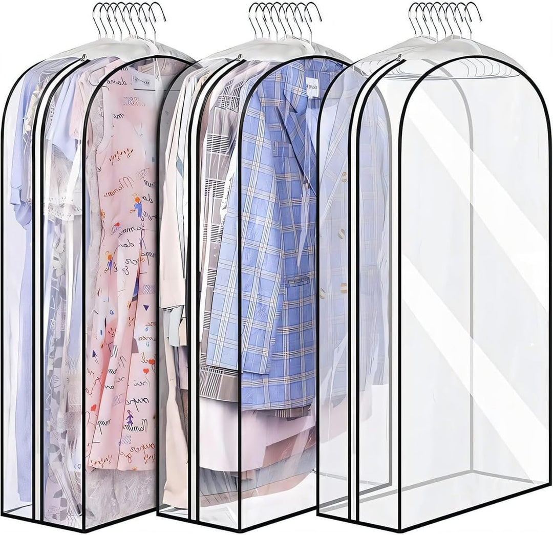Closet storage made easy with clear, dustproof PEVA garment covers, 6-pack.