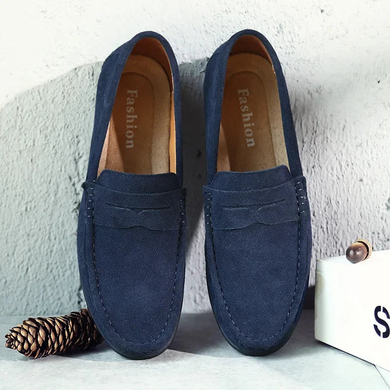 Close-up of classic men's penny loafers, slip-on design, perfect for smart casual spring outfits.