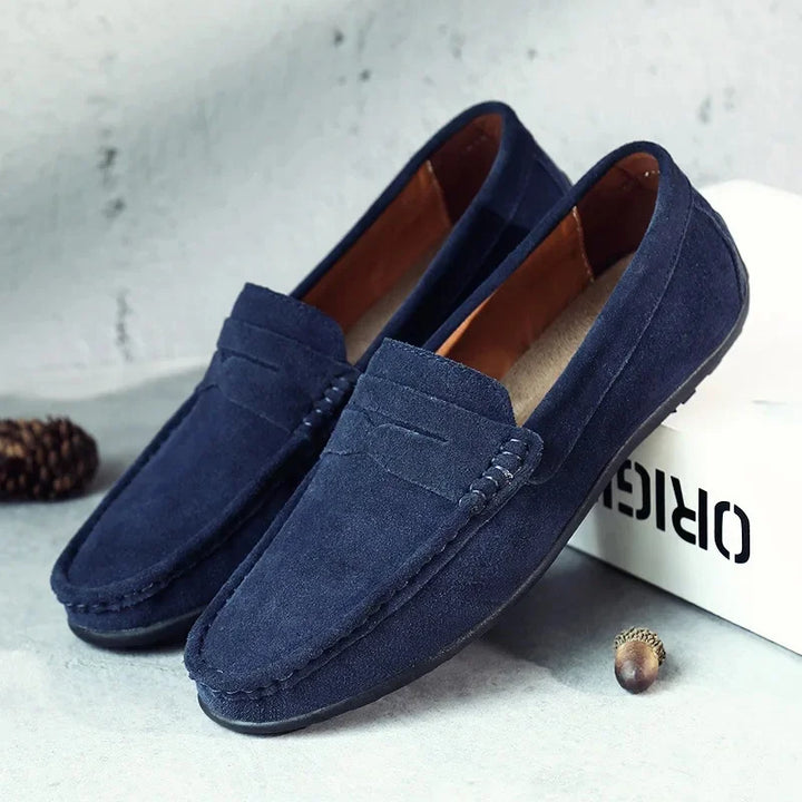 Men's formal yet casual penny loafers, slip-on comfort for versatile spring and summer smart casual looks.