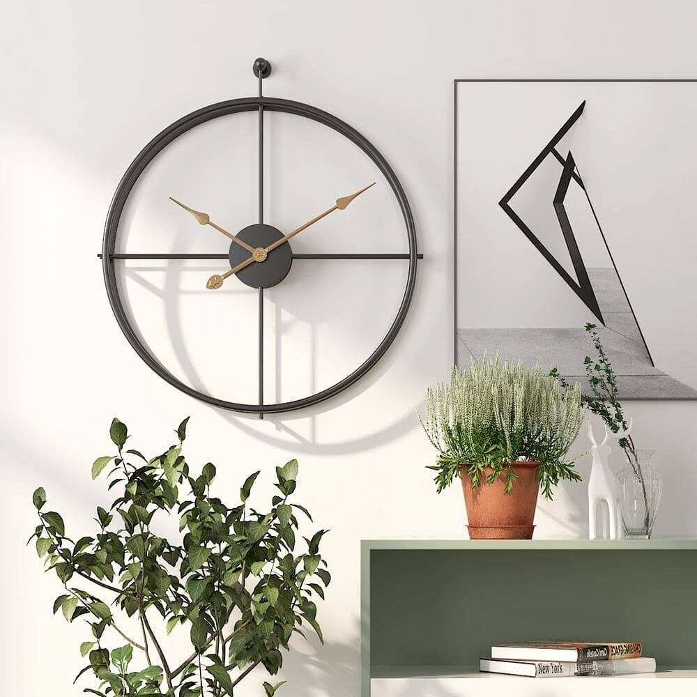 Stylish geometric metal wall art clock, a large silent timepiece for contemporary living rooms.