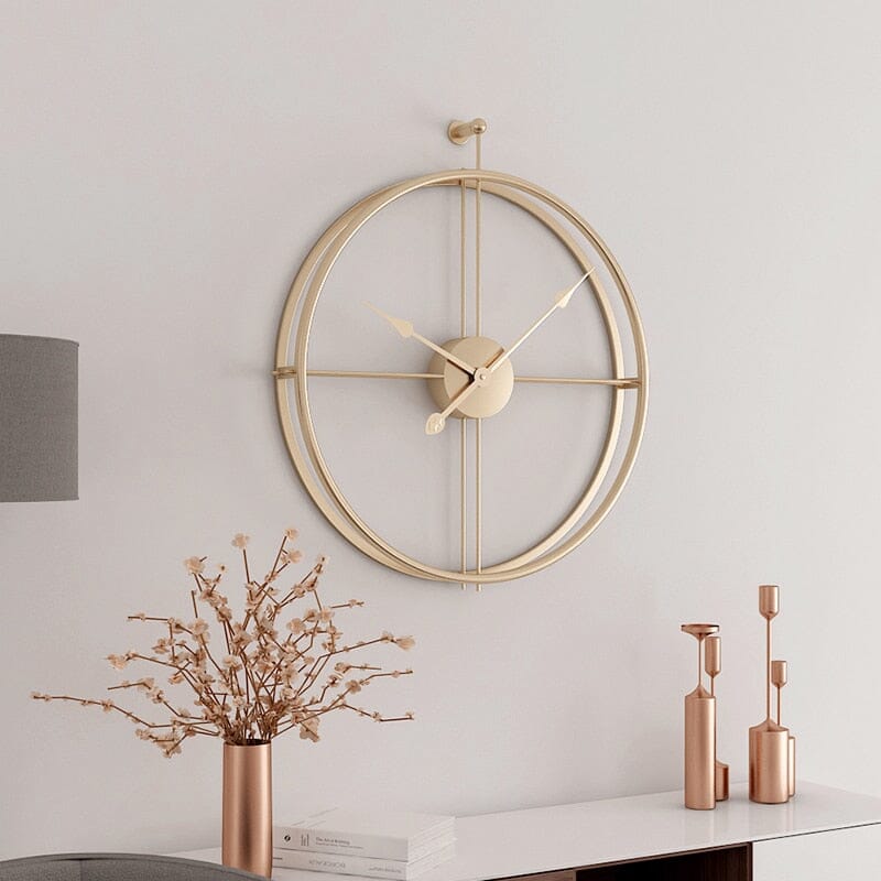 Large geometric metal wall clock with silent quartz mechanism, perfect for modern interiors.