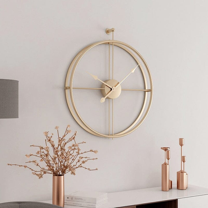 Large geometric metal wall clock with silent quartz mechanism, perfect for modern interiors.