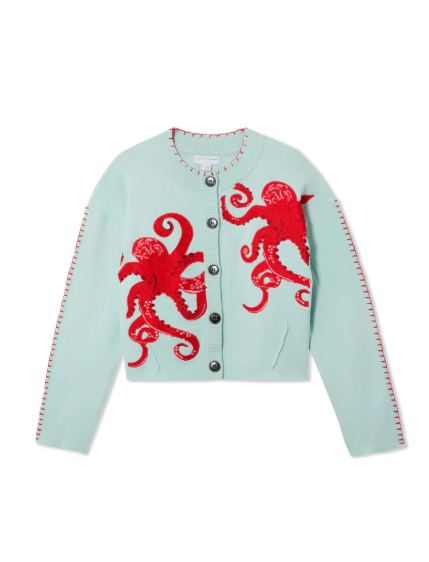 Coastal blue women's sweater with unique nautical octopus design, long sleeves & relaxed fit.