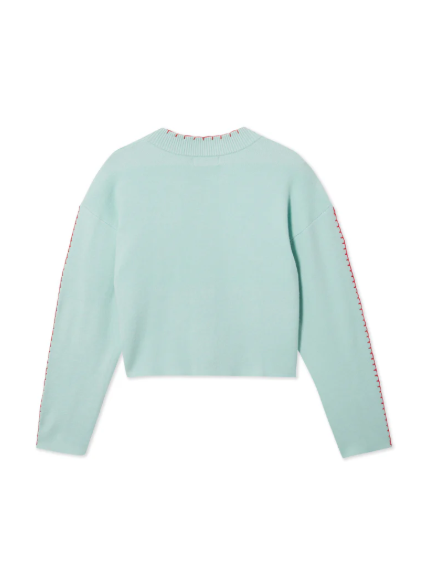 Relaxed fit women's coastal blue sweater featuring an artistic nautical octopus. Perfect casual wear.
