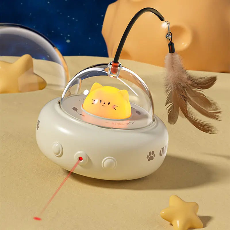 Sleek UFO interactive cat laser toy designed for mental stimulation & active feline enrichment. A fun pet supply.