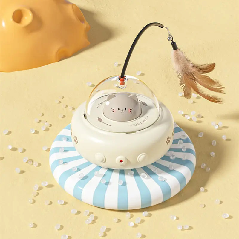Dynamic cat toy: UFO base with auto laser pointer & detachable feather wand. Promotes active play & mental enrichment.