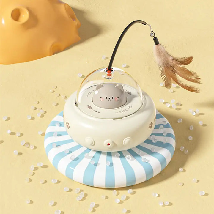 Dynamic cat toy: UFO base with auto laser pointer & detachable feather wand. Promotes active play & mental enrichment.