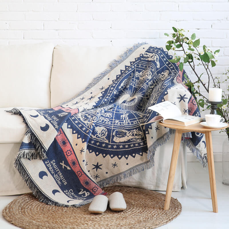 "Colorful bohemian tassel knitted sofa throw, featuring bright patterns and ethnic tassel details for vibrant home decor."