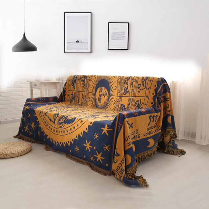 "Colorful bohemian tassel knitted sofa throw, featuring bright patterns and ethnic tassel details for vibrant home decor."