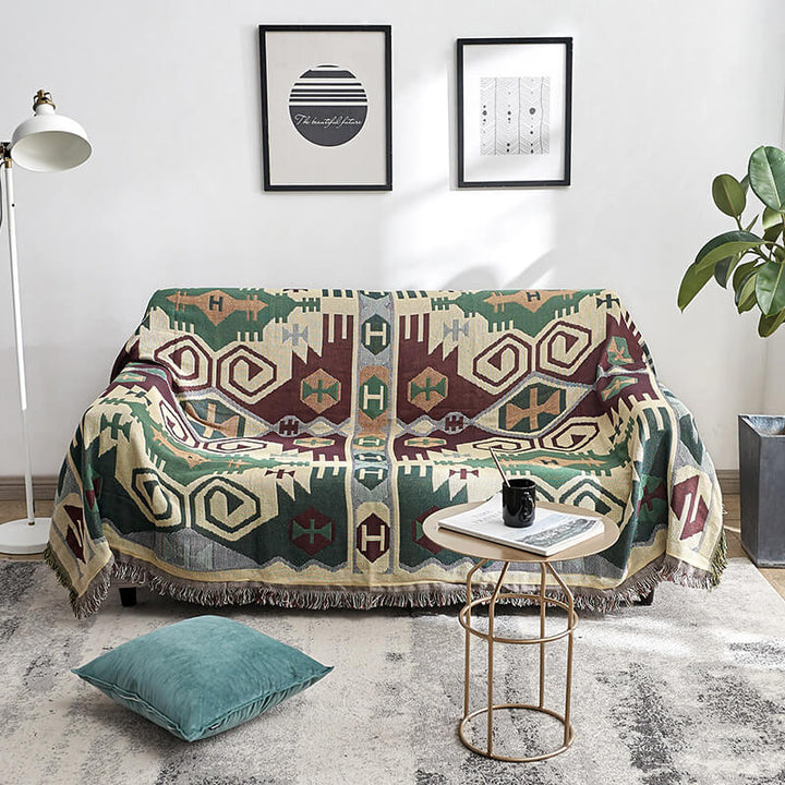 "Colorful bohemian tassel knitted sofa throw, featuring bright patterns and ethnic tassel details for vibrant home decor."