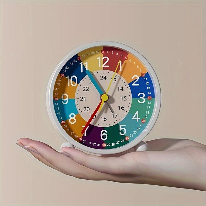 Kids' silent learning clock, an educational aid for young students mastering time. Bright & durable plastic.