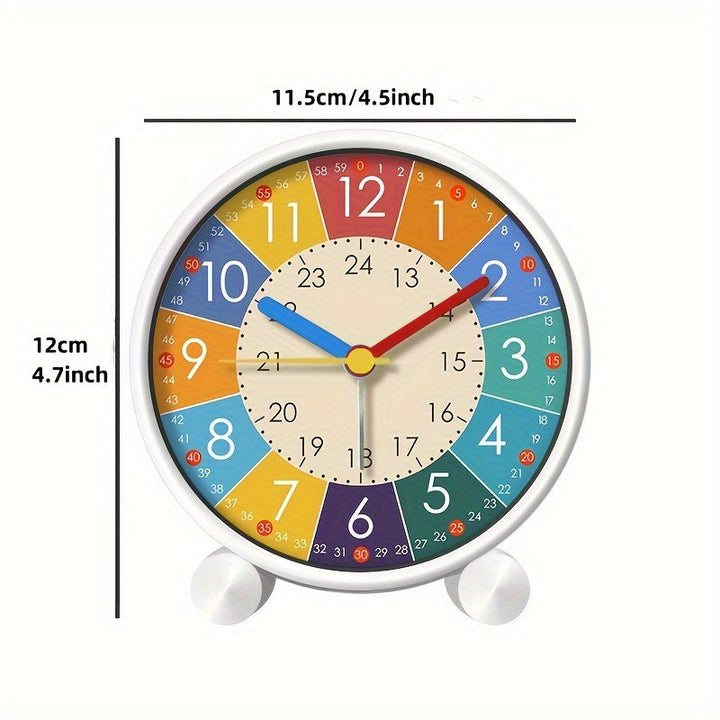 Durable plastic silent alarm clock for kids, a colorful educational tool for students to learn time telling.