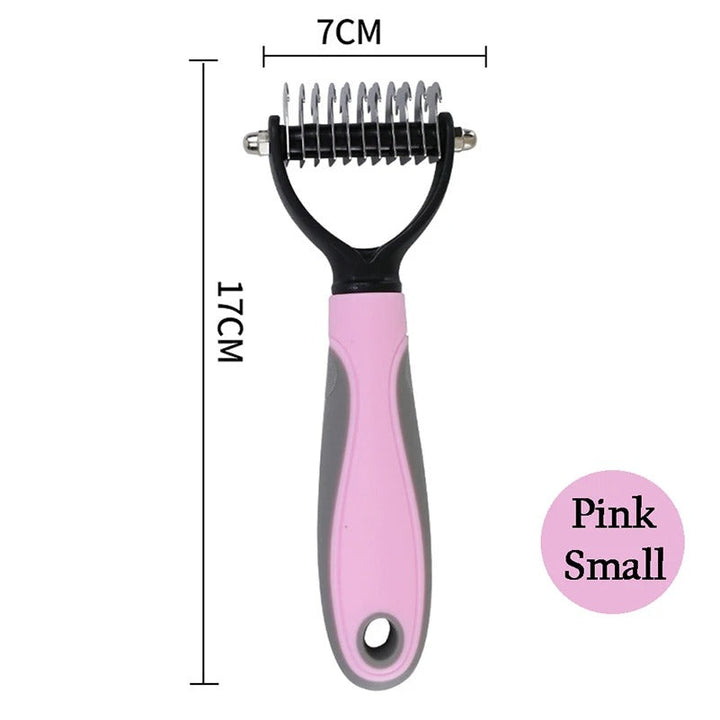 "Colorful deshedding brush for dogs and cats, ergonomic handle, stainless-steel edges, reduces shedding efficiently."