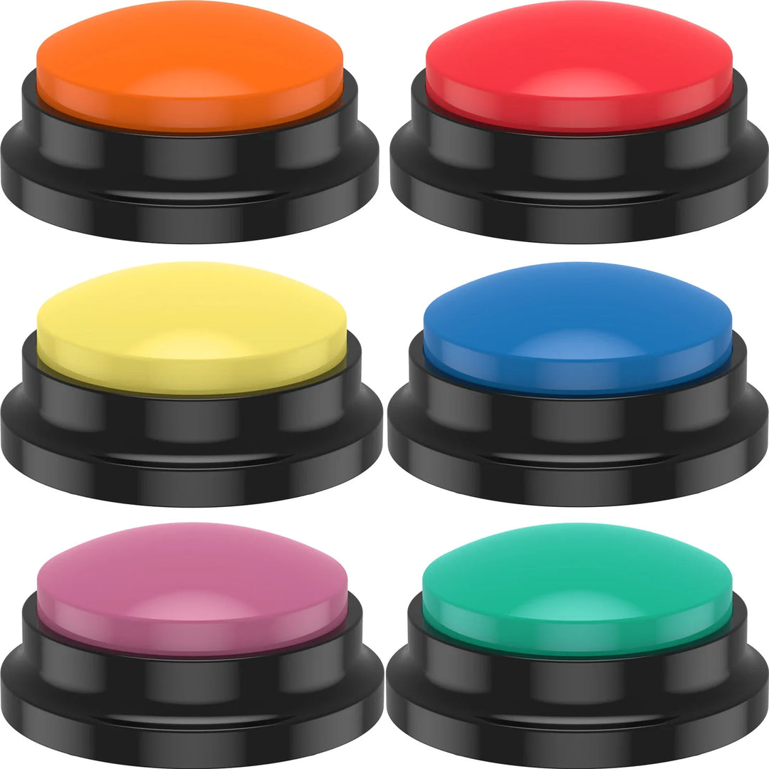 "Colorful dog training voice recording buttons for communication, shown in a set with vibrant colors, enhancing pet interacti