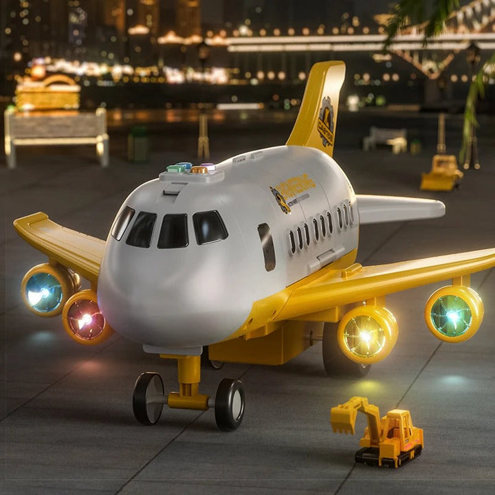 Colorful interactive airplane toy for kids with lights & sounds, perfect for imaginative young pilots.