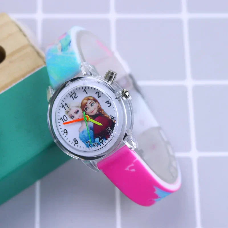 Frozen glow-in-the-dark girls' watch, featuring Elsa and Anna on a colorful, comfortable silicone strap.