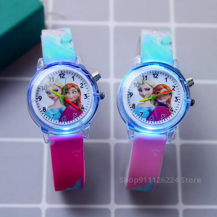 Girls' Frozen glow-in-the-dark character watch, a colorful silicone timepiece for children learning time.