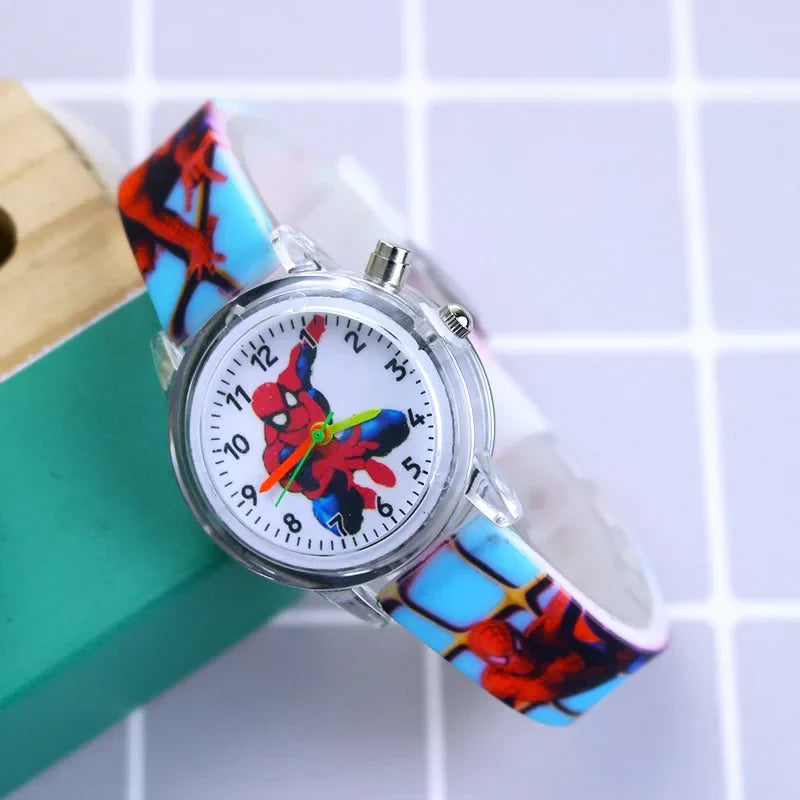 Spider-Man glow-in-the-dark watch for boys, showing character details and a comfortable silicone band.