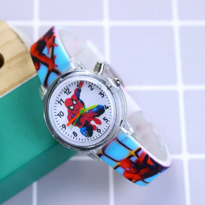 Spider-Man glow-in-the-dark watch for boys, showing character details and a comfortable silicone band.