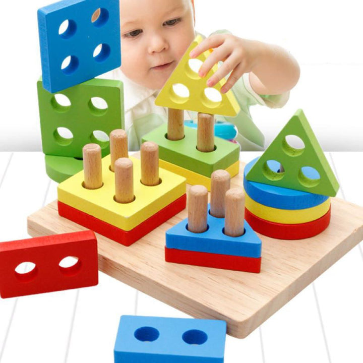 Colorful wooden stacking & sorting blocks for toddlers, promoting early learning & fine motor skills.