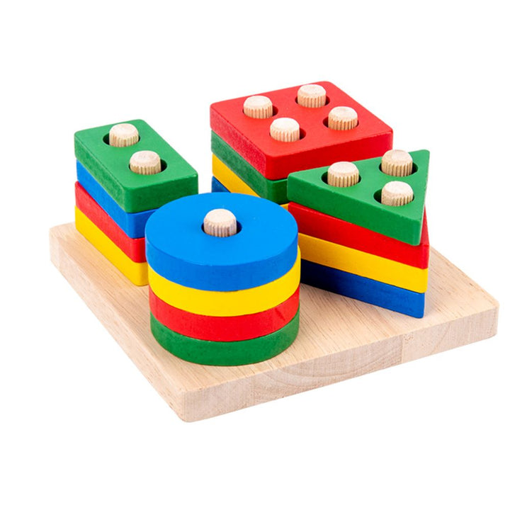 Unisex wooden building blocks for toddlers, ideal for shape recognition, color learning & stacking skills.