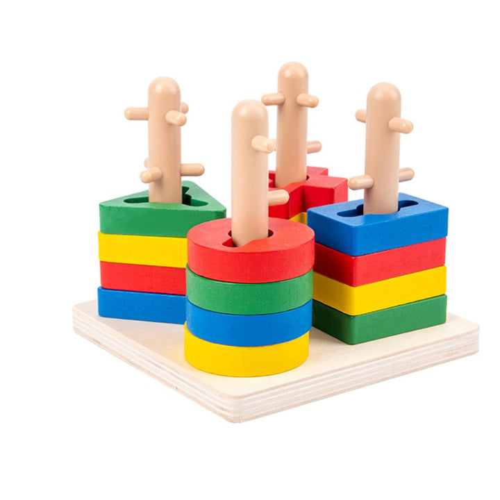 Complete set of wooden stacking & sorting blocks, a versatile educational toy for toddlers' early development.
