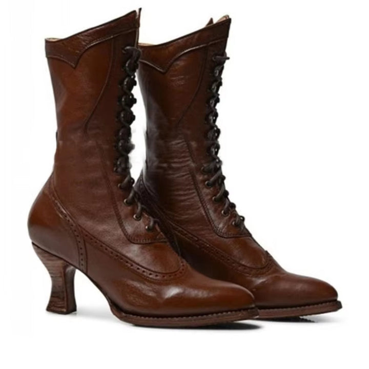 Stylish women's retro high heel knight boots, ideal for punk style and fashion events.