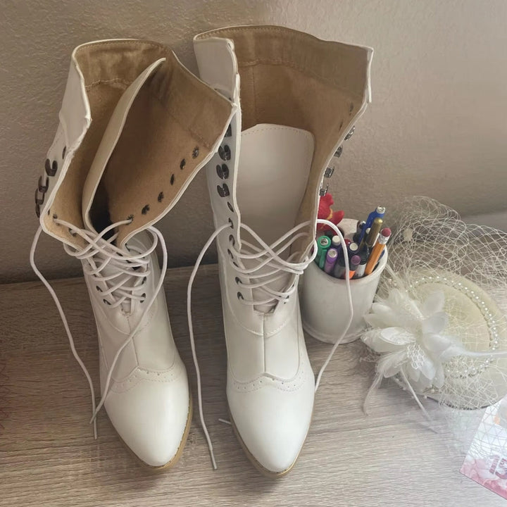 Women's retro knight boots with high heels, perfect for cosplay & medieval fashion.