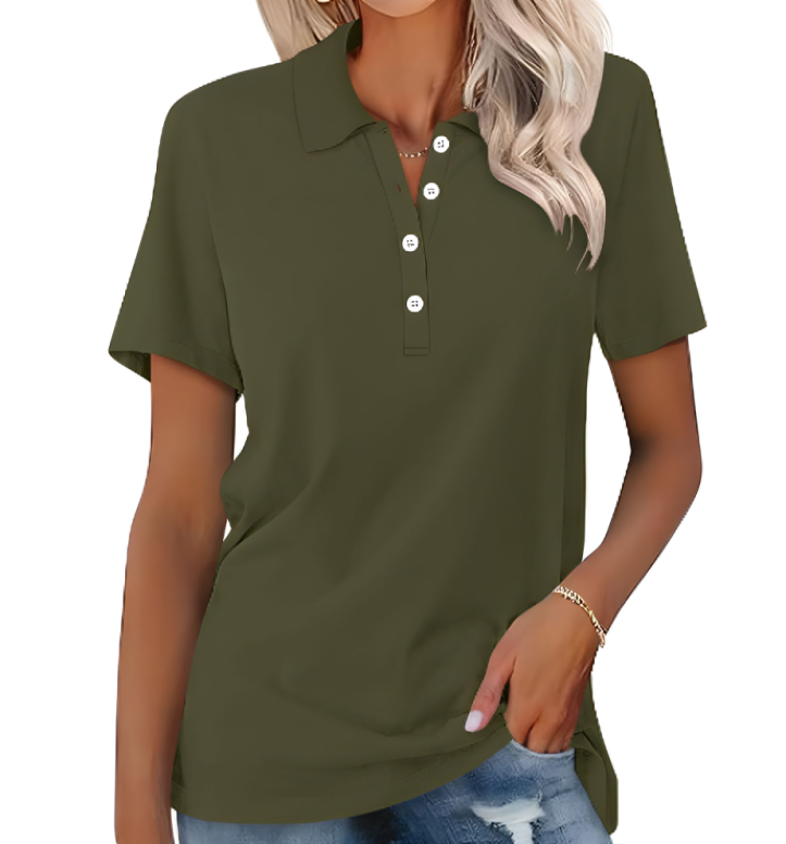 Stylish women's short sleeve polo, ideal for versatile everyday fashion from casual outings to chic office looks.
